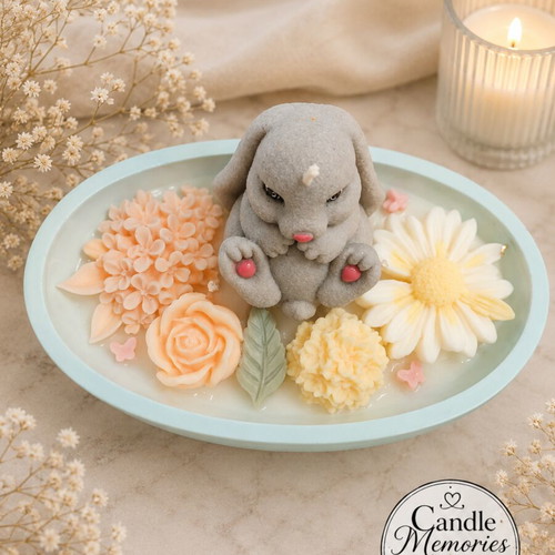 Handmade scented soy wax candle with reusable porcelain powder container, bunny
