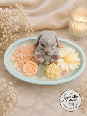 Handmade scented soy wax candle with reusable porcelain powder container, bunny