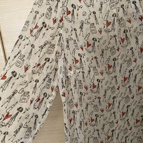 Silk blouse size M, like new, white gray with black and red patterns
