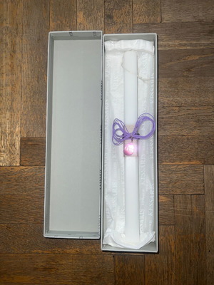 Kessaris Easter Resurrection Candle white with purple like new, steel necklace