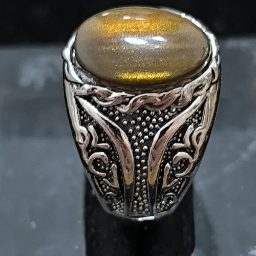 Men's ring with gold brown Cat's Eye stone, silver antique design