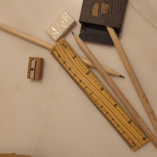 Vintage school set new, three pencils eraser sharpener ruler