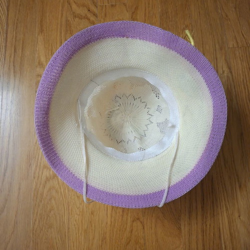 Knitted girl hat used, white and purple, size S