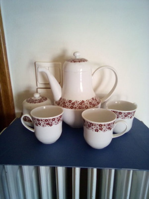 Tea set used with teapot, sugar bowl, creamer and two cups Ionian porcelain