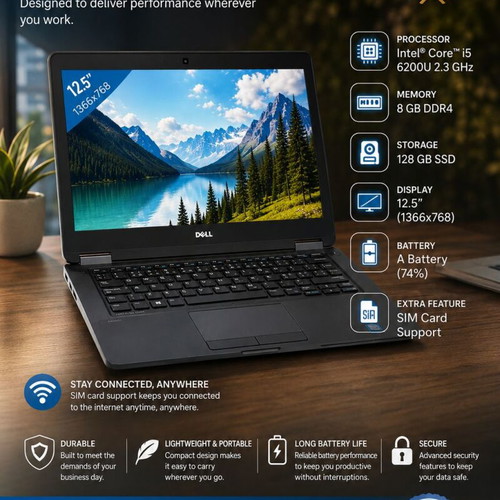 Dell Latitude E5270 laptop used, Intel Core i5, 8GB RAM, 128GB SSD, SIM support