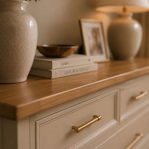 Chest of drawers linen beige with natural wood surface, like new