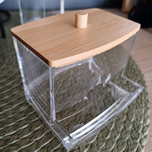 Set of containers for makeup remover pads and cotton swabs like new, acrylic and bamboo