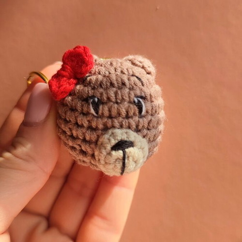Knitted bear keychain new with red bow brown