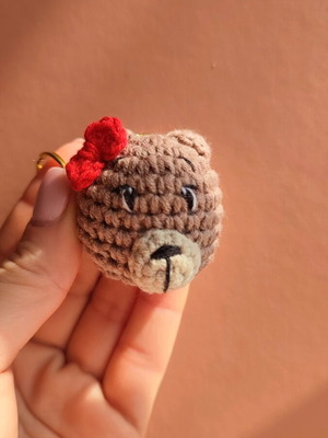 Knitted bear keychain new with red bow brown