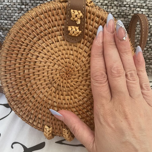 Round Bamboo Rattan Bag with Long Brown Strap