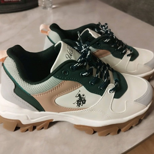 U.S. Polo Assn. leather athletic shoes like new, white with green and salmon details