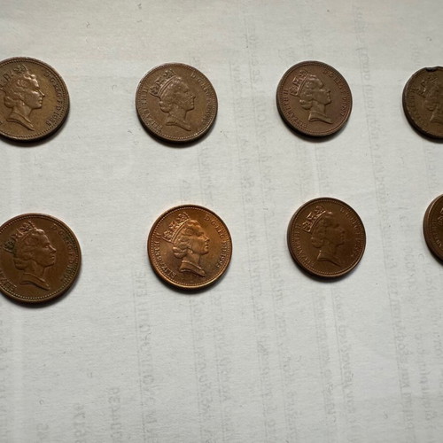 One penny coins used, pack of 8, Great Britain
