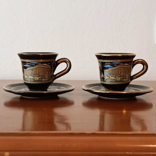 Espresso coffee cups with saucers 2pcs vintage handmade with 24k gold details