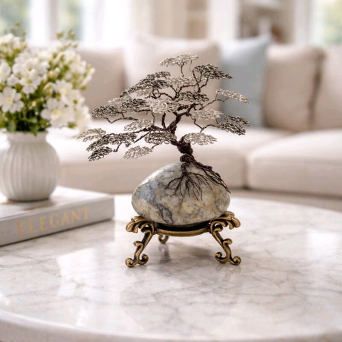 Bonsai jewelry new, handmade tree with agate and brass stand