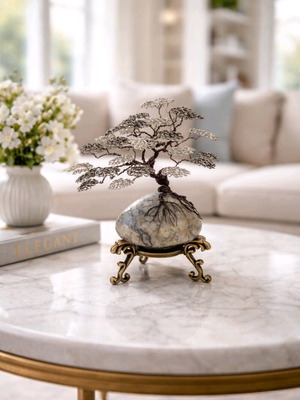 Bonsai jewelry new, handmade tree with agate and brass stand