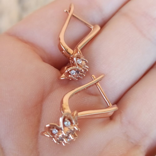 Flower design earrings with zircon, 14K gold plated copper, rose gold