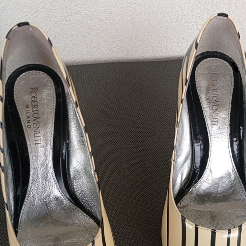 Roberto Venuti Milano Peep-Toe Patent Leather Striped Drip Heels No.37 Like New