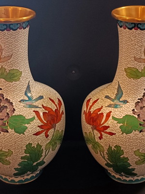 Vintage handmade Cloisonne vases twins used 26cm