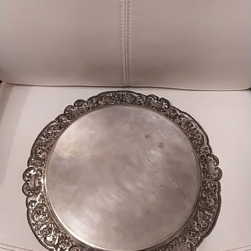 Silver-plated antique handmade tray used, diameter 34 cm