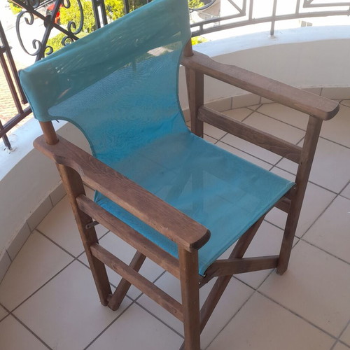 Director's Chair used with wooden frame and blue PVC seat