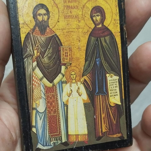 Wooden Orthodox icon used with Saint Raphael, Saint Nicholas & Saint Irene