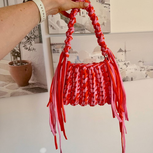 Handmade Crochet Fringe Bag new, pink and orange t-shirt yarn handbag