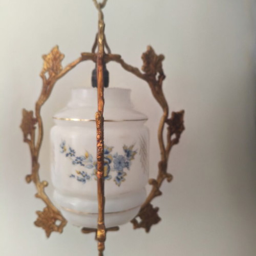 Vintage hanging ceiling lights, set of 2, brass and opaline
