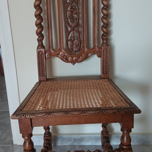 French antique Henry II Louis XIII dining set, walnut and oak, 6 chairs