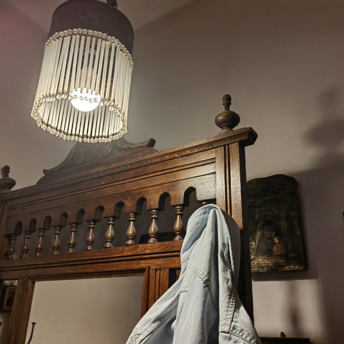 Antique solid walnut entryway furniture with carving, mirror and marble