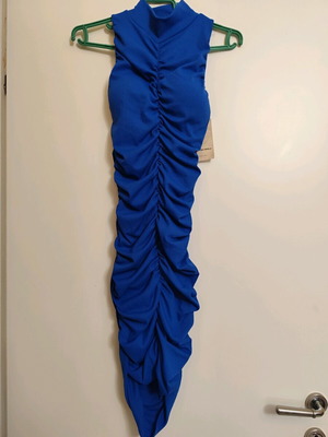 Fitted blue dress new with ruching and high neckline