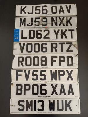 Collectible English License Plates used, set of 8