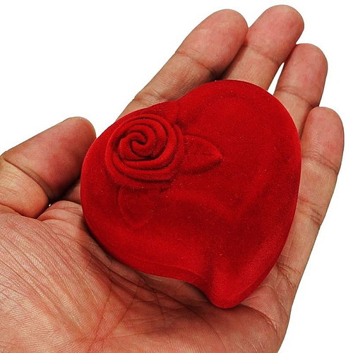 Wedding and engagement ring box heart with rose new, velvet, red