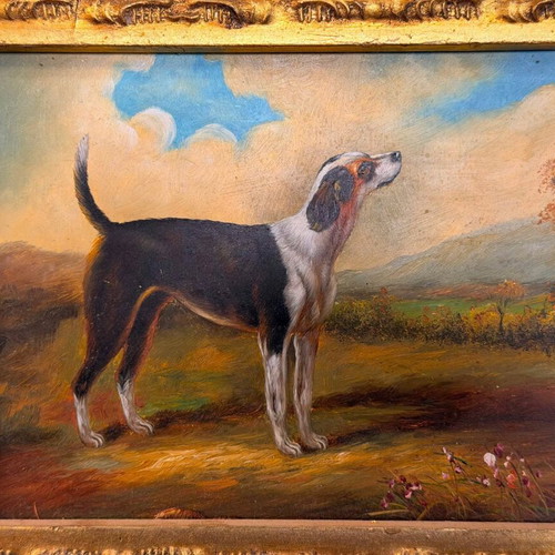 Artwork with dog in landscape, framed