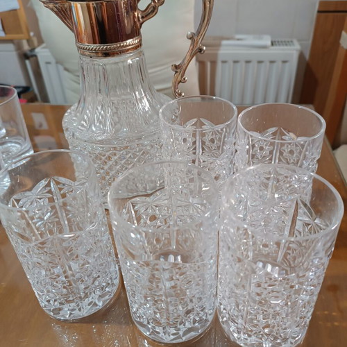 Vintage crystal pitcher with 6 glasses used