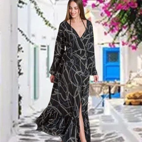 Rima Beachwear kimono wrap maxi dress, black and white