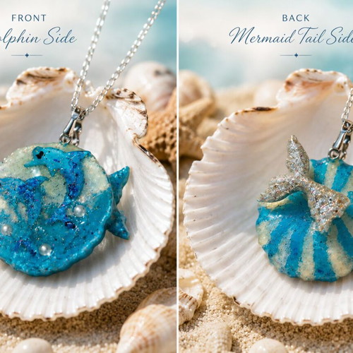 Handmade Two-Sided Necklace "Dolphins-Mermaid Tail" with Polymer Clay and Glass