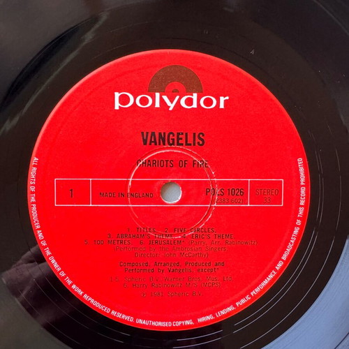 Vangelis Chariots Of Fire LP used, pop soundtrack 1981 UK