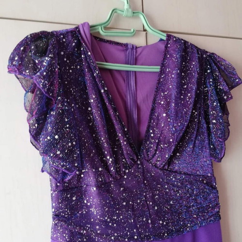 Jumpsuit with V neckline and ruffles, purple, size small, like new
