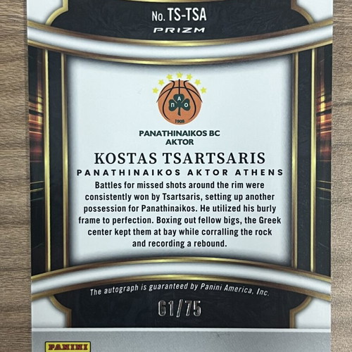 Panini Select Euroleague Basketball Kostas Tsartsaris Autograph Card like new