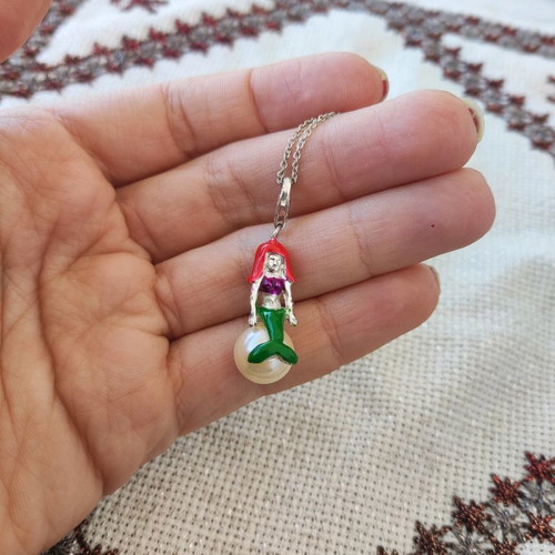 Ariel Mermaid Necklace used, sitting on pearl, silver 925 chain