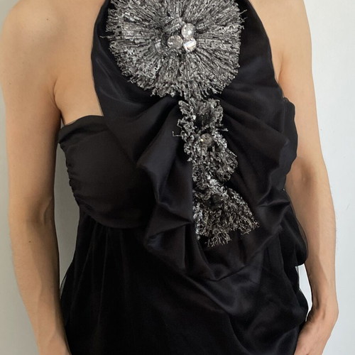 Derercuny Statement Halter Top Like New, Black, Beaded