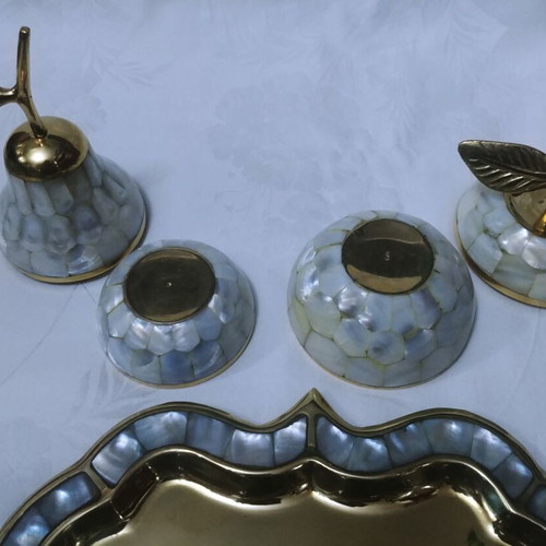 Brass and mother of pearl inlaid tray with used jewelry boxes from India 60s