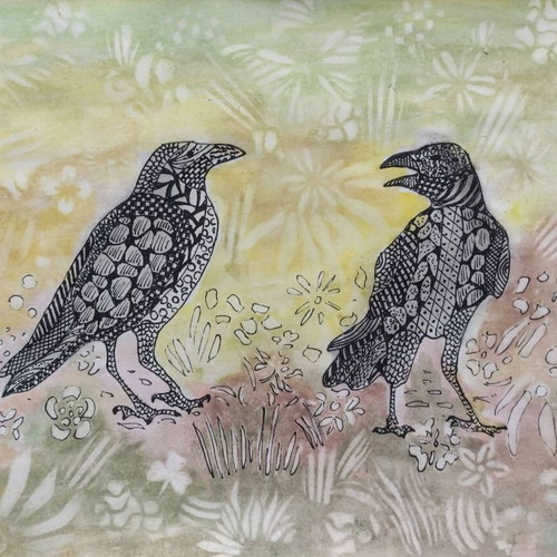 Painting Family of Crows Zentangle Watercolor new