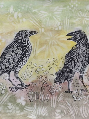 Painting Family of Crows Zentangle Watercolor new