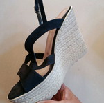Stefania platform sandals black genuine leather with beige wedge and ankle strap