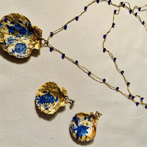 Jewelry set handmade earrings with shell and gold leaf necklace with braided gold thread new