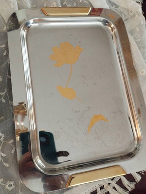 Vintage silver-plated serving tray with 24K gold decoration like new