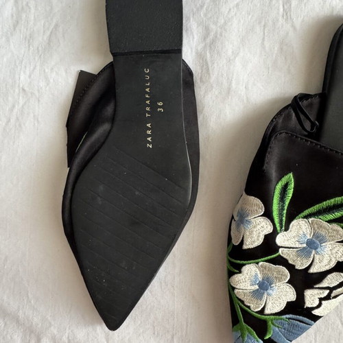 Zara flat mules new, size 36, black with floral embroidery