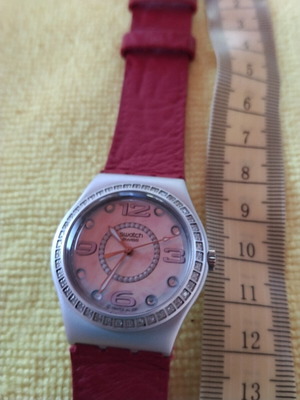 Swatch collectible watch with stones and leather strap, red and pink
