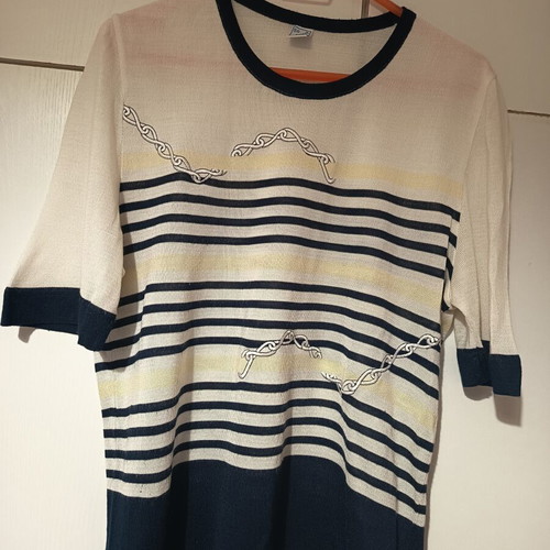 Striped knitted women's blouse short sleeve white and blue size 50 like new